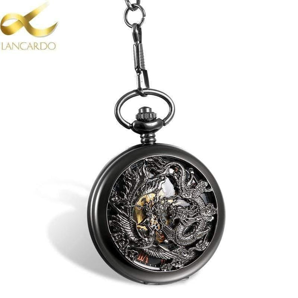 Planet Gates Mechanical Pocket Watches Men Black Dragon/Phoenix Hollow Retro Necklace Pocket Watch With Chain For Men