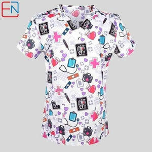 Women Scrub Top With V-Neck 100% Cotton Print Surgical Medical Uniforms Hospital Nurse Scrub Tops For Women - Medicals / Xxs