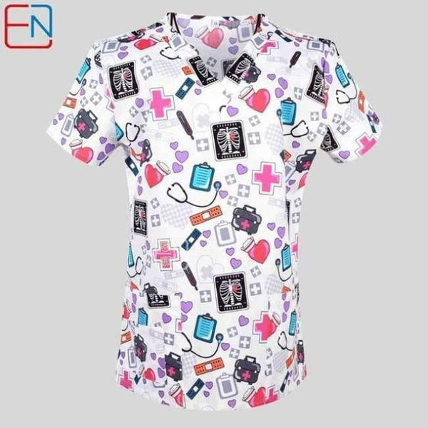Women Scrub Top With V-Neck 100% Cotton Print Surgical Medical Uniforms Hospital Nurse Scrub Tops For Women - Medicals / Xxs