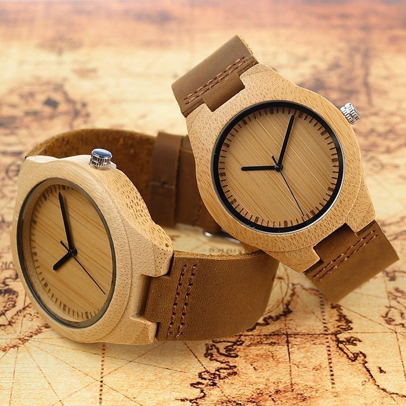 Planet Gates men 45mm Simplicity Lovers' Wooden Watches Handmade Bamboo Quartz Watch with Leather Strap for Men Women as Gift Item