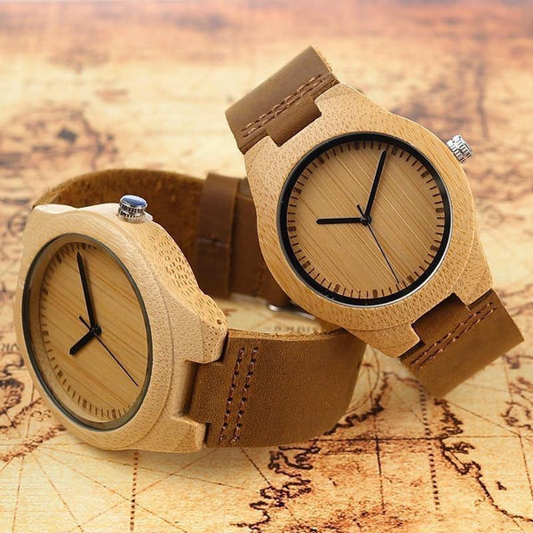 Planet Gates men 45mm Simplicity Lovers' Wooden Watches Handmade Bamboo Quartz Watch with Leather Strap for Men Women as Gift Item