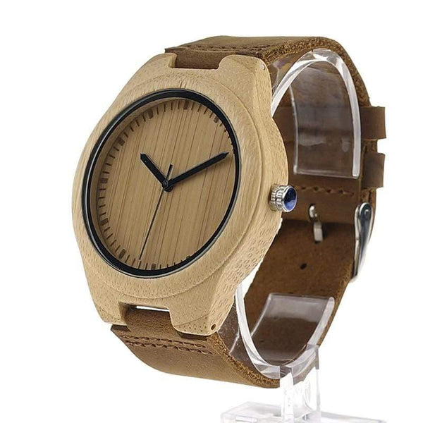 Planet Gates men 45mm Simplicity Lovers' Wooden Watches Handmade Bamboo Quartz Watch with Leather Strap for Men Women as Gift Item