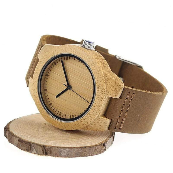Planet Gates men 45mm Simplicity Lovers' Wooden Watches Handmade Bamboo Quartz Watch with Leather Strap for Men Women as Gift Item