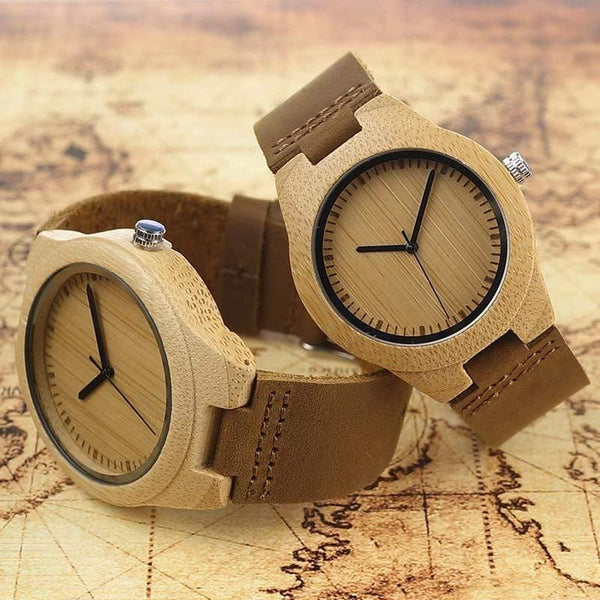 Planet Gates men 45mm Simplicity Lovers' Wooden Watches Handmade Bamboo Quartz Watch with Leather Strap for Men Women as Gift Item