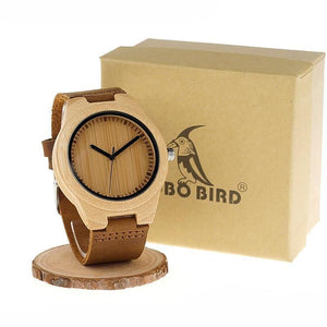 Planet Gates men 45mm Simplicity Lovers' Wooden Watches Handmade Bamboo Quartz Watch with Leather Strap for Men Women as Gift Item