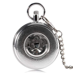 Planet Gates Men Automatic Self Winding Pocket Watch Silver Simple Open Face Chain Pendant with Roman Number