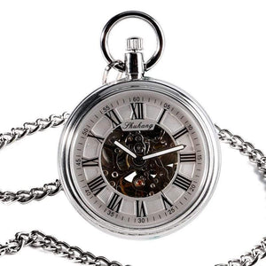 Planet Gates Men Automatic Self Winding Pocket Watch Silver Simple Open Face Chain Pendant with Roman Number