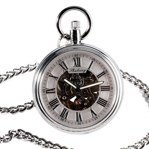 Planet Gates Men Automatic Self Winding Pocket Watch Silver Simple Open Face Chain Pendant with Roman Number