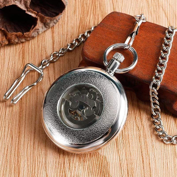 Planet Gates Men Automatic Self Winding Pocket Watch Silver Simple Open Face Chain Pendant with Roman Number