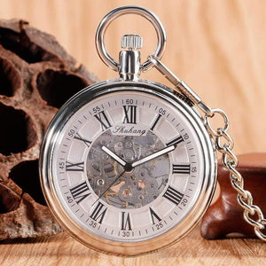 Planet Gates Men Automatic Self Winding Pocket Watch Silver Simple Open Face Chain Pendant with Roman Number