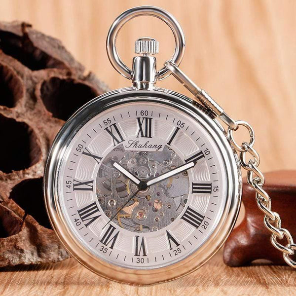 Planet Gates Men Automatic Self Winding Pocket Watch Silver Simple Open Face Chain Pendant with Roman Number