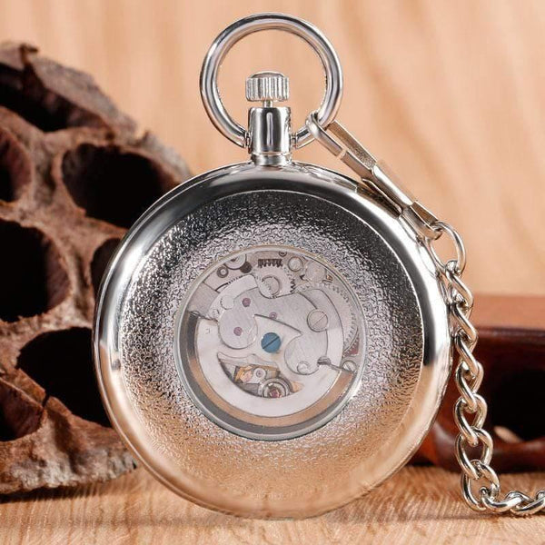 Planet Gates Men Automatic Self Winding Pocket Watch Silver Simple Open Face Chain Pendant with Roman Number