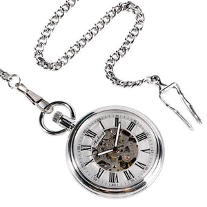 Planet Gates Men Automatic Self Winding Pocket Watch Silver Simple Open Face Chain Pendant with Roman Number