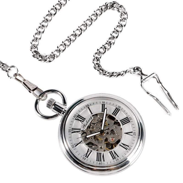 Planet Gates Men Automatic Self Winding Pocket Watch Silver Simple Open Face Chain Pendant with Roman Number