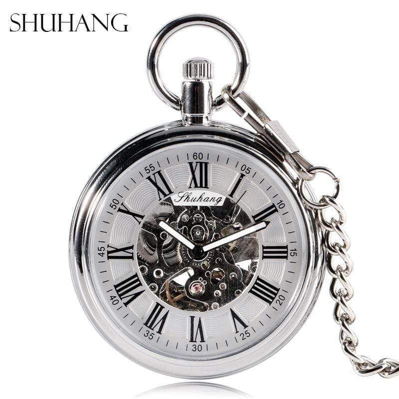 Planet Gates Men Automatic Self Winding Pocket Watch Silver Simple Open Face Chain Pendant with Roman Number