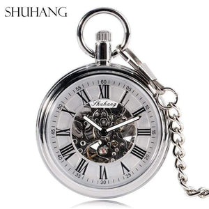 Planet Gates Men Automatic Self Winding Pocket Watch Silver Simple Open Face Chain Pendant with Roman Number