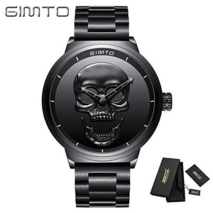 Planet Gates Men Black Box Fashion Casual Gold Lover's Skull Watch Stainless Steel Unique 3D Skeleton Pattern Women Men Watches Couple Wristwatch