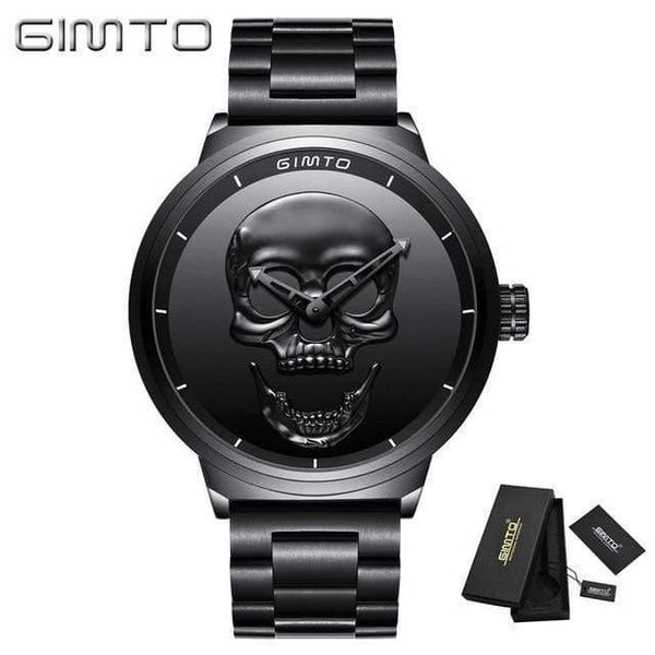 Planet Gates Men Black Box Fashion Casual Gold Lover's Skull Watch Stainless Steel Unique 3D Skeleton Pattern Women Men Watches Couple Wristwatch