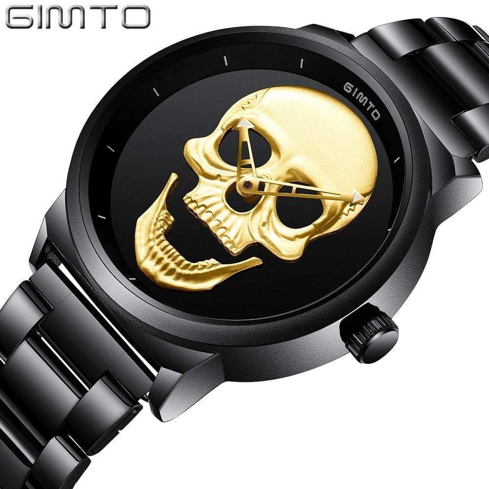 Planet Gates Men Black Fashion Casual Gold Lover's Skull Watch Stainless Steel Unique 3D Skeleton Pattern Women Men Watches Couple Wristwatch
