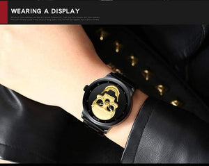 Planet Gates Men Black Fashion Casual Gold Lover's Skull Watch Stainless Steel Unique 3D Skeleton Pattern Women Men Watches Couple Wristwatch