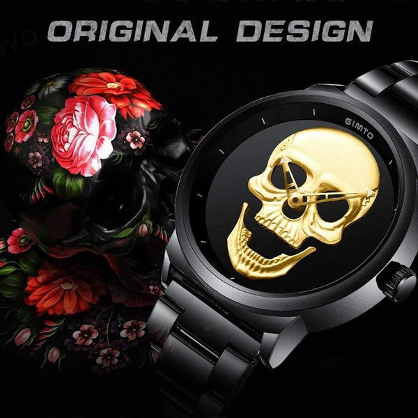 Planet Gates Men Black Fashion Casual Gold Lover's Skull Watch Stainless Steel Unique 3D Skeleton Pattern Women Men Watches Couple Wristwatch