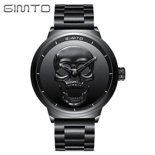 Planet Gates Men Black Fashion Casual Gold Lover's Skull Watch Stainless Steel Unique 3D Skeleton Pattern Women Men Watches Couple Wristwatch