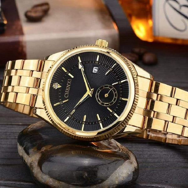 Planet Gates Men Black Gold Watch Men Women Unique Design Calendar Stainless Steel Couple Lover's Wristwatch Golden Business Casual