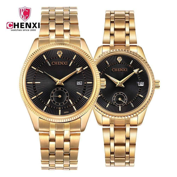 Planet Gates Men Black Gold Watch Men Women Unique Design Calendar Stainless Steel Couple Lover's Wristwatch Golden Business Casual