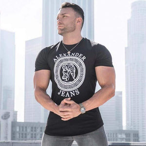 Men Casual Fashion Printed T-shirt Gyms Fitness Short Sleeve Cotton Slim T Shirt Male Black Tee Tops Brand Clothing