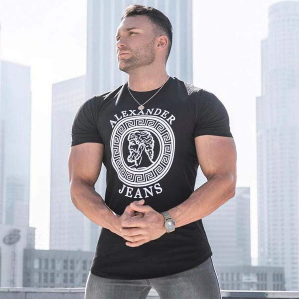 Men Casual Fashion Printed T-shirt Gyms Fitness Short Sleeve Cotton Slim T Shirt Male Black Tee Tops Brand Clothing