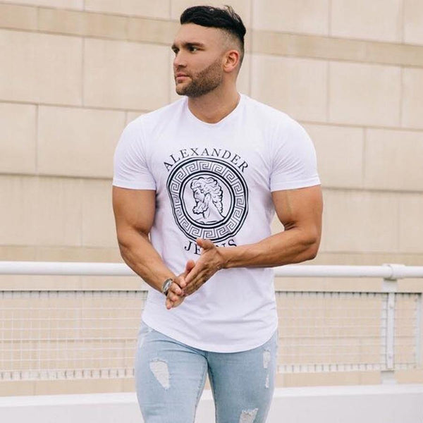 Men Casual Fashion Printed T-shirt Gyms Fitness Short Sleeve Cotton Slim T Shirt Male Black Tee Tops Brand Clothing