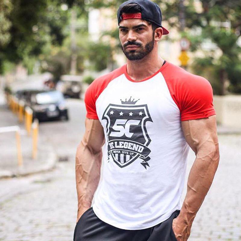 Men Fitness Bodybuilding Cotton T-shirt Gyms Workout Skinny Patchwork T Shirt Summer Male Casual Fashion Print Tee Tops Clothing