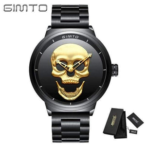 Planet Gates Men Gold Box Fashion Casual Gold Lover's Skull Watch Stainless Steel Unique 3D Skeleton Pattern Women Men Watches Couple Wristwatch