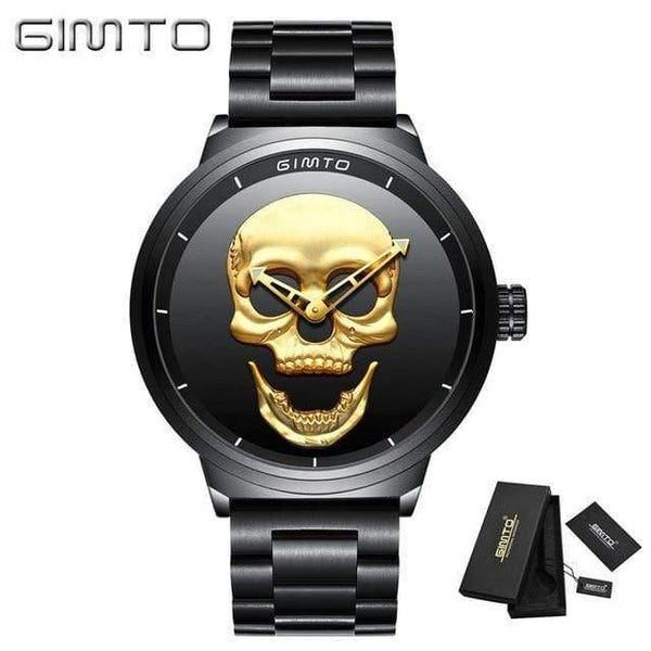 Planet Gates Men Gold Box Fashion Casual Gold Lover's Skull Watch Stainless Steel Unique 3D Skeleton Pattern Women Men Watches Couple Wristwatch