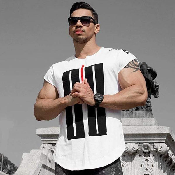 Men Gyms Fitness Short Sleeve Cotton T Shirt Muscle Man Summer Casual Fashion Personality Print Tee Tops High Street Clothing