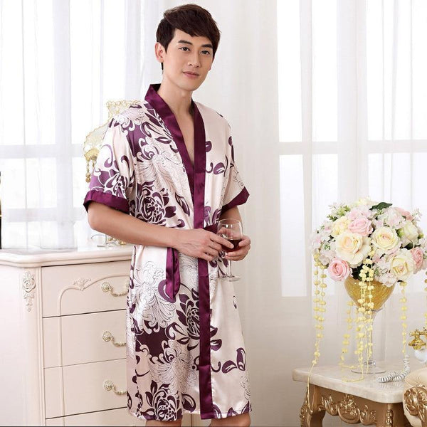 Planet Gates Men Kimono Robe Faux Silk Bath Gown Sleepwear Lounge Casual Silky Nightwear Female Dress M-XXL