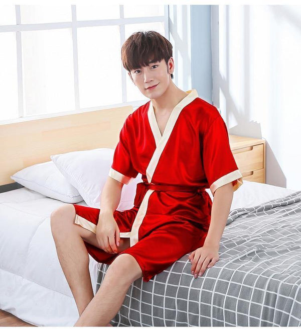 Planet Gates Men Kimono Robe Faux Silk Bath Gown Sleepwear Lounge Casual Silky Nightwear Female Dress M-XXL