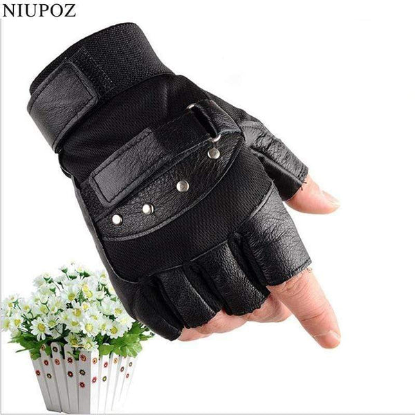 Planet Gates Men's Army Military Tactical Half Finger Leather Fitness Gloves Bike Sport Gloves Gym Exercise Men Black Rivets Punk Gloves G135