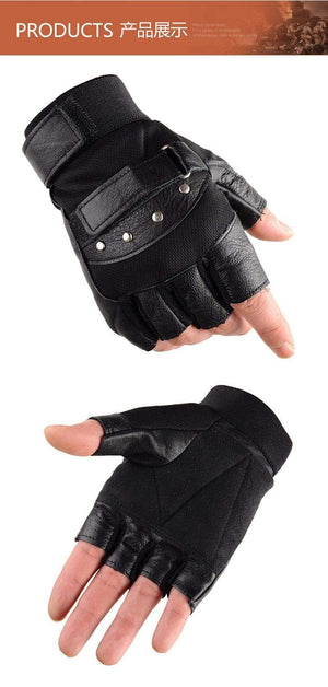 Planet Gates Men's Army Military Tactical Half Finger Leather Fitness Gloves Bike Sport Gloves Gym Exercise Men Black Rivets Punk Gloves G135