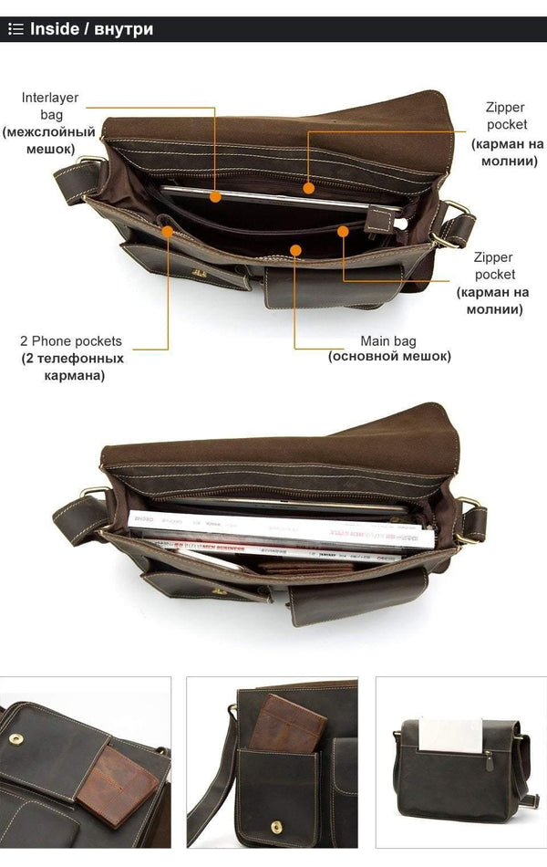 Planet Gates Men's Bags Crazy Horse Genuine Leather Vintage Crossbody Bags for Men Messenger Bag Men's Shoulder Bag Male 1050