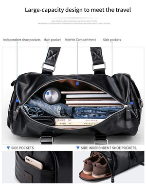 Planet Gates Men's Black handbag Travel Bag Waterproof Leather Large Capacity Travel Duffle Multifunction Tote Casual Crossbody Bags