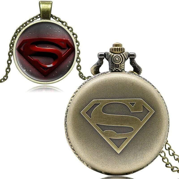 Planet Gates Men's Cool Superman Bronze Quartz Pocket Watch Necklace Pendant Fob Chain Boy Watches Gift Box relojes de bolsillo