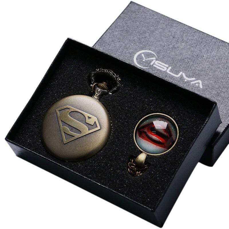 Planet Gates Men's Cool Superman Bronze Quartz Pocket Watch Necklace Pendant Fob Chain Boy Watches Gift Box relojes de bolsillo