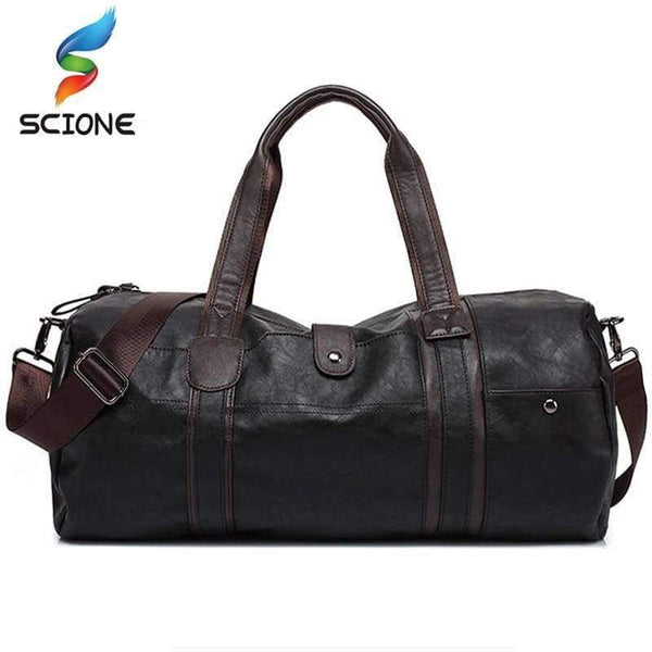 Planet Gates Men's Large Capacity PU Leather Sports Bag Gym Bag Fitness Sport Bags Travel Shoulder Handbag Male Bag Black Brown