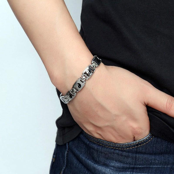 Planet Gates Men's Slivertone Magnet Tai Chi Hematite Bracelets Stainless Steel Magnetic Bio Energy Therapy Male Wristands Accessories