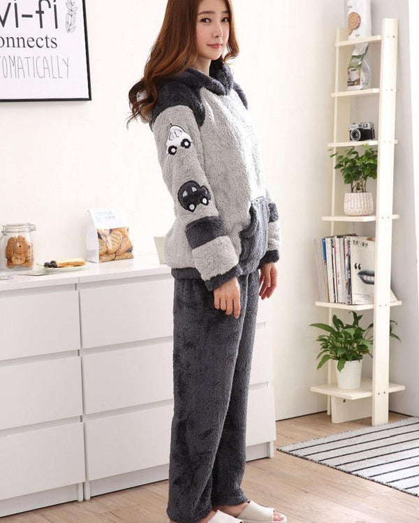 Planet Gates Men's Thicken Warm Pajama Sets Couples Winter Soft Flannel Pajama Cars Printing Long Sleep Lounge