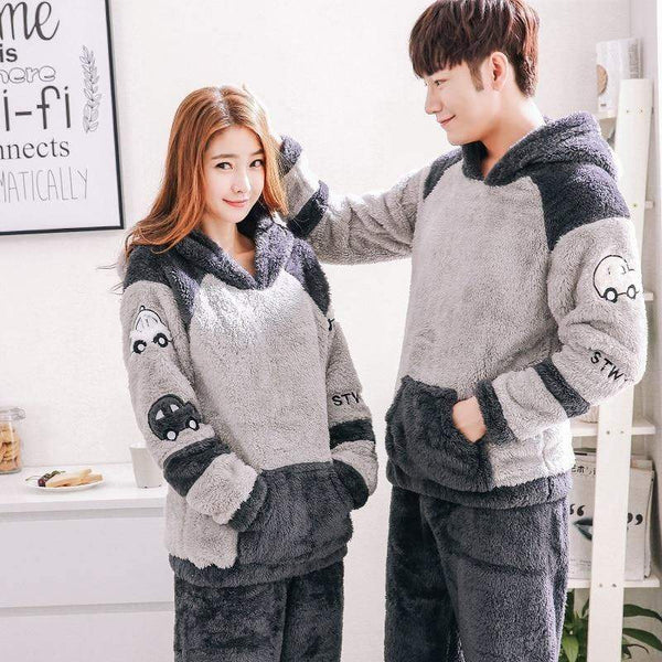 Planet Gates Men's Thicken Warm Pajama Sets Couples Winter Soft Flannel Pajama Cars Printing Long Sleep Lounge