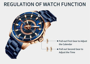 Planet Gates Men's Watch Blue Dial Stainless Steel Water Resistant Man Watches Luxury Business Analog Quartz Mens Watches Fashion