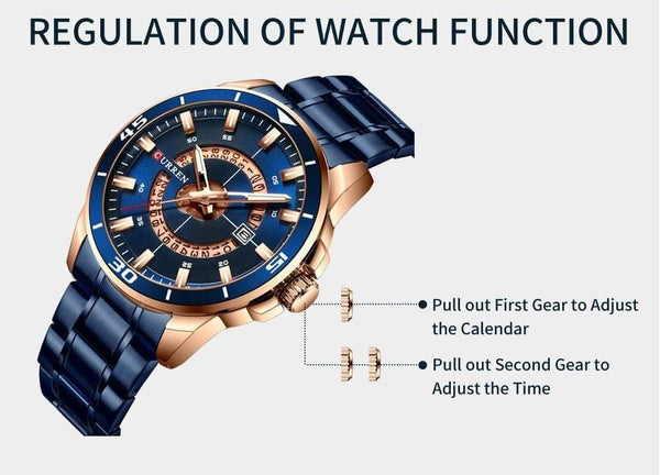 Planet Gates Men's Watch Blue Dial Stainless Steel Water Resistant Man Watches Luxury Business Analog Quartz Mens Watches Fashion