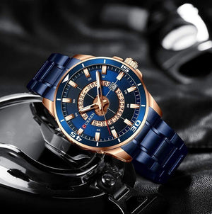 Planet Gates Men's Watch Blue Dial Stainless Steel Water Resistant Man Watches Luxury Business Analog Quartz Mens Watches Fashion